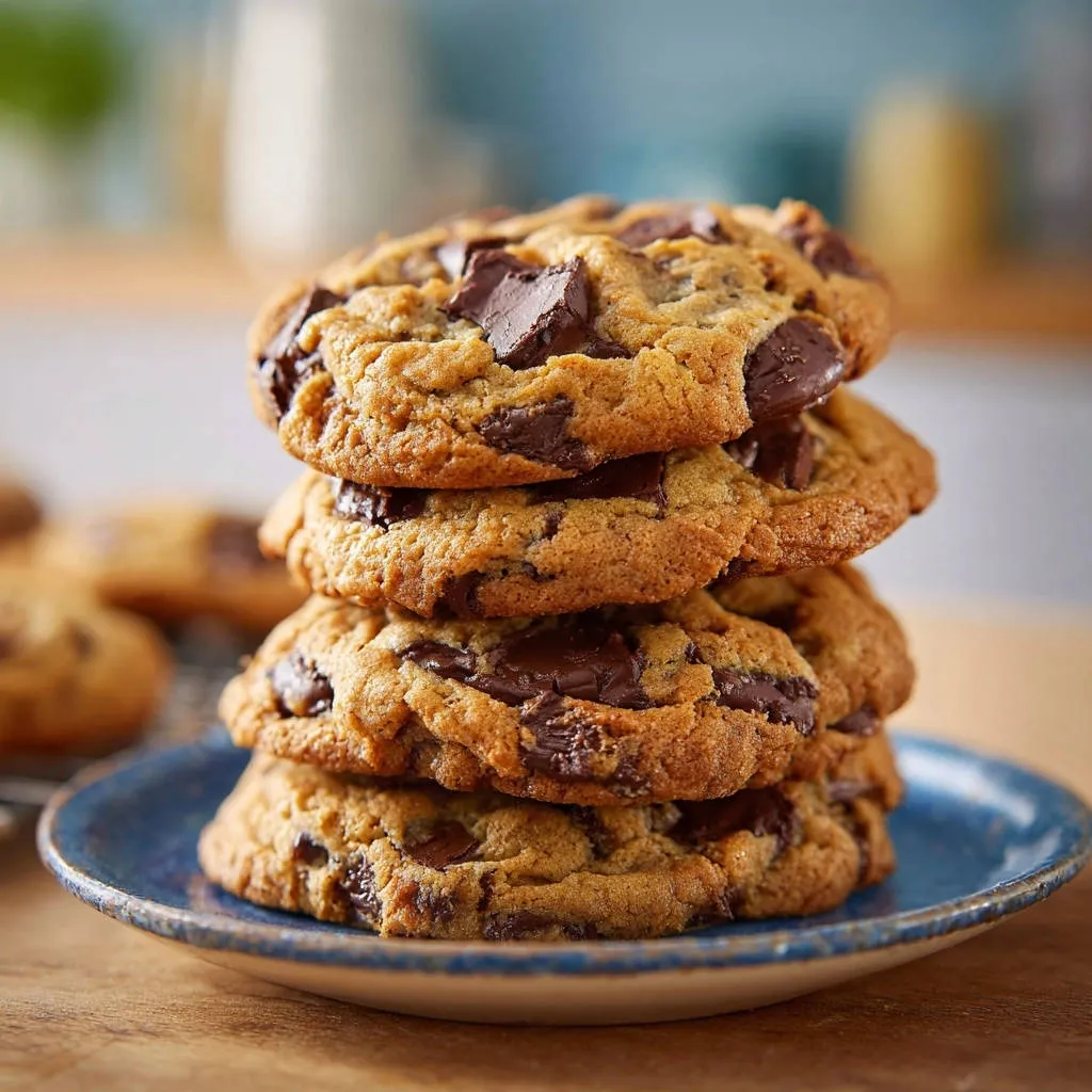 Chewy chocolate chip cookies stacked high on a blue plate, showcasing their thick and generous chocolate chunks.
