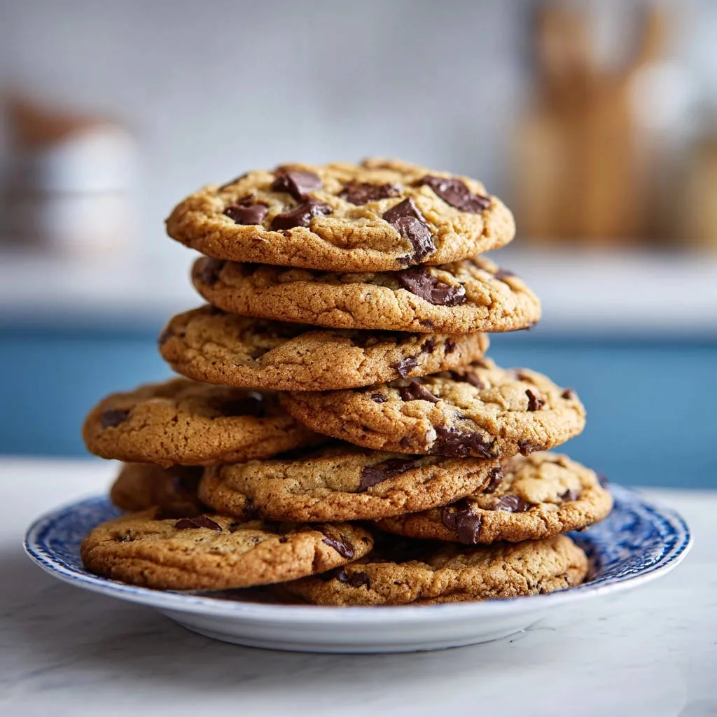 Chewy chocolate chip cookies, stacked high on a blue and white patterned plate, showcasing their thick texture.