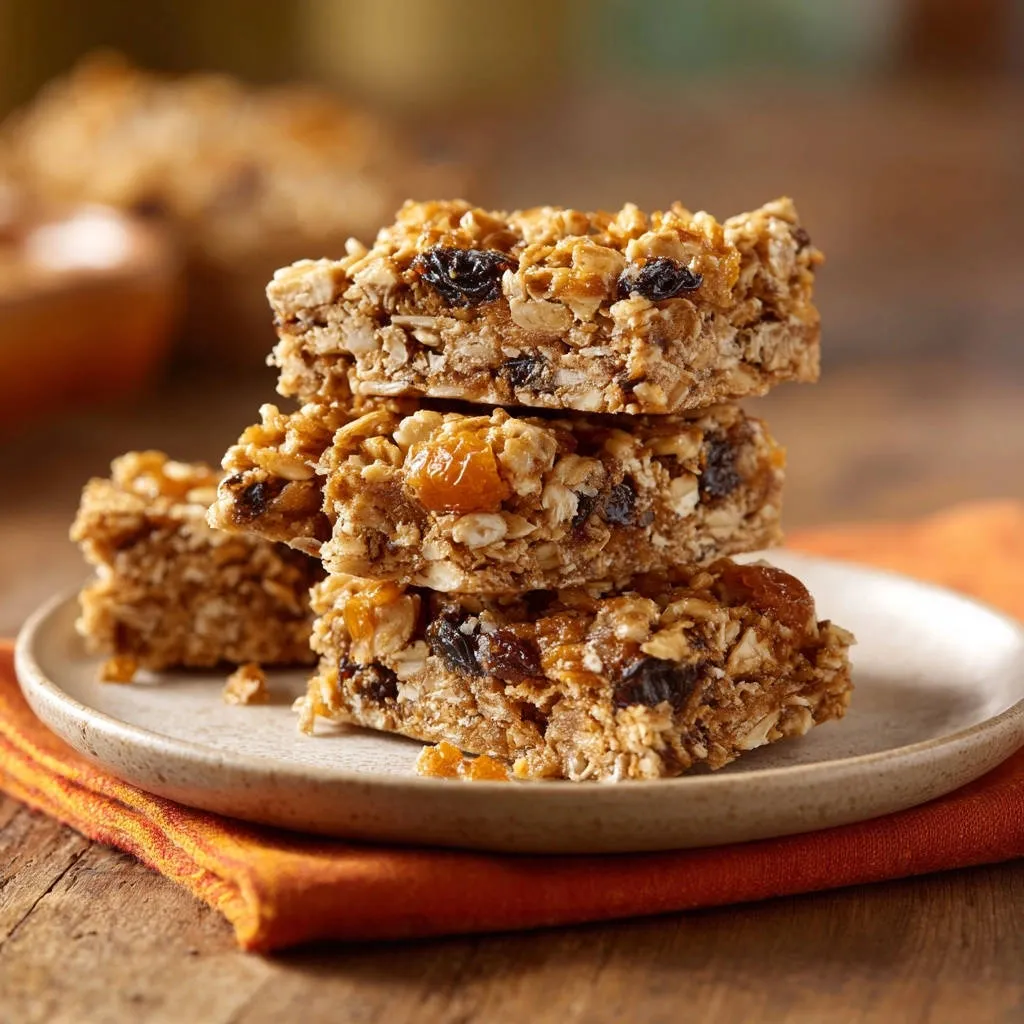 Chewy dried fruit oatmeal bars, a stack of four bars presented on a plate with an orange napkin.
