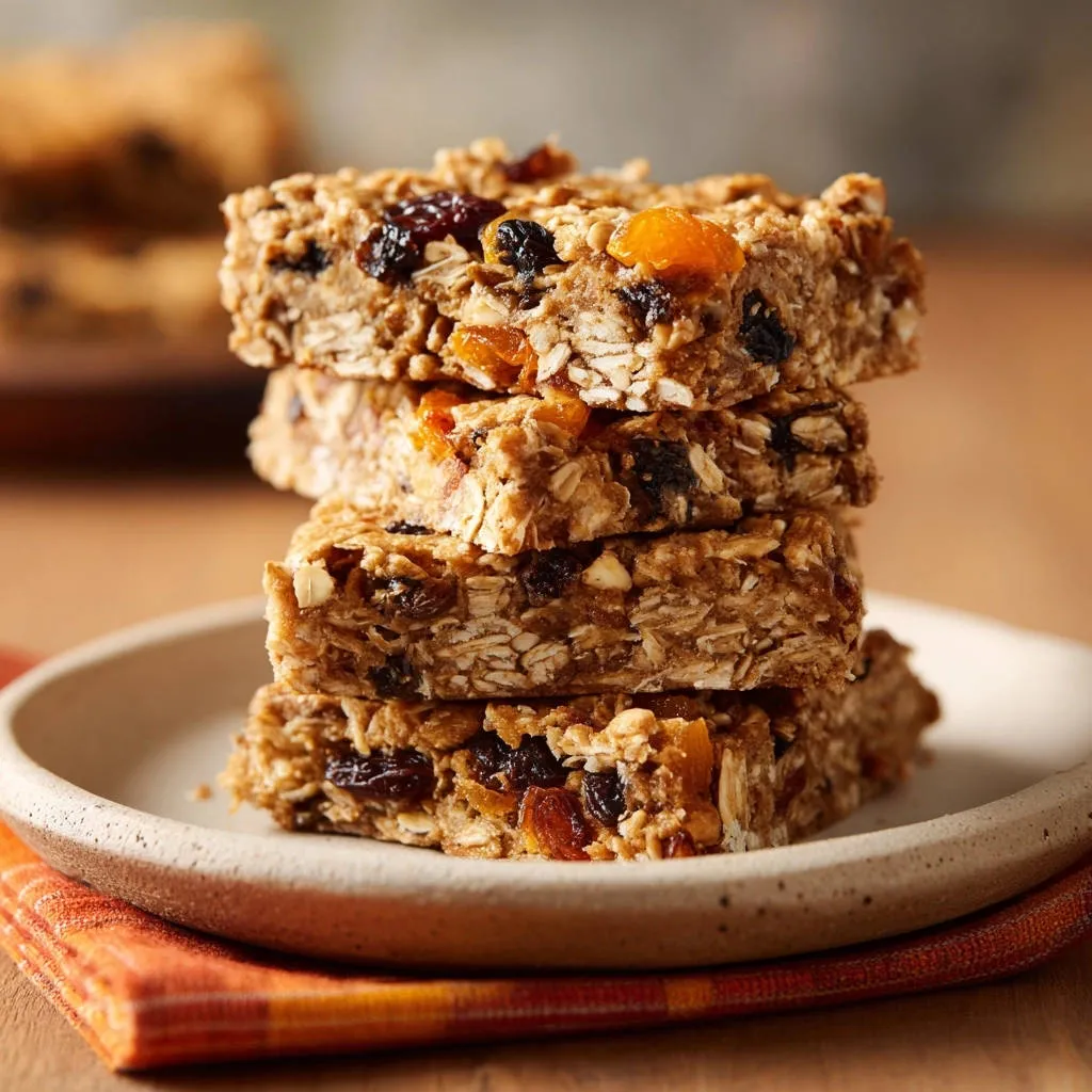 Chewy dried fruit oatmeal bars, the no-crumble secret, stacked high on a rustic plate with an orange napkin.