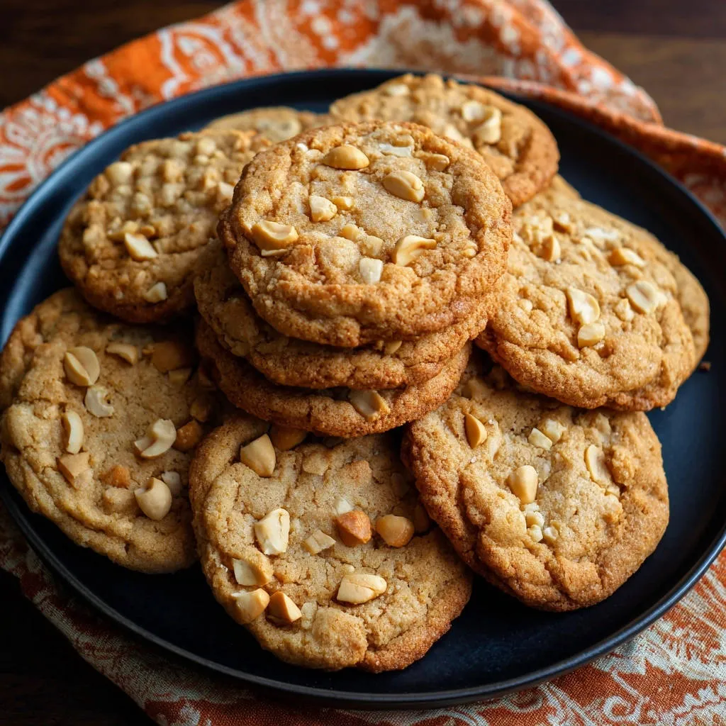 Chewy peanut butter cookies, perfectly thick and soft, are stacked on a dark plate with a textured orange napkin.