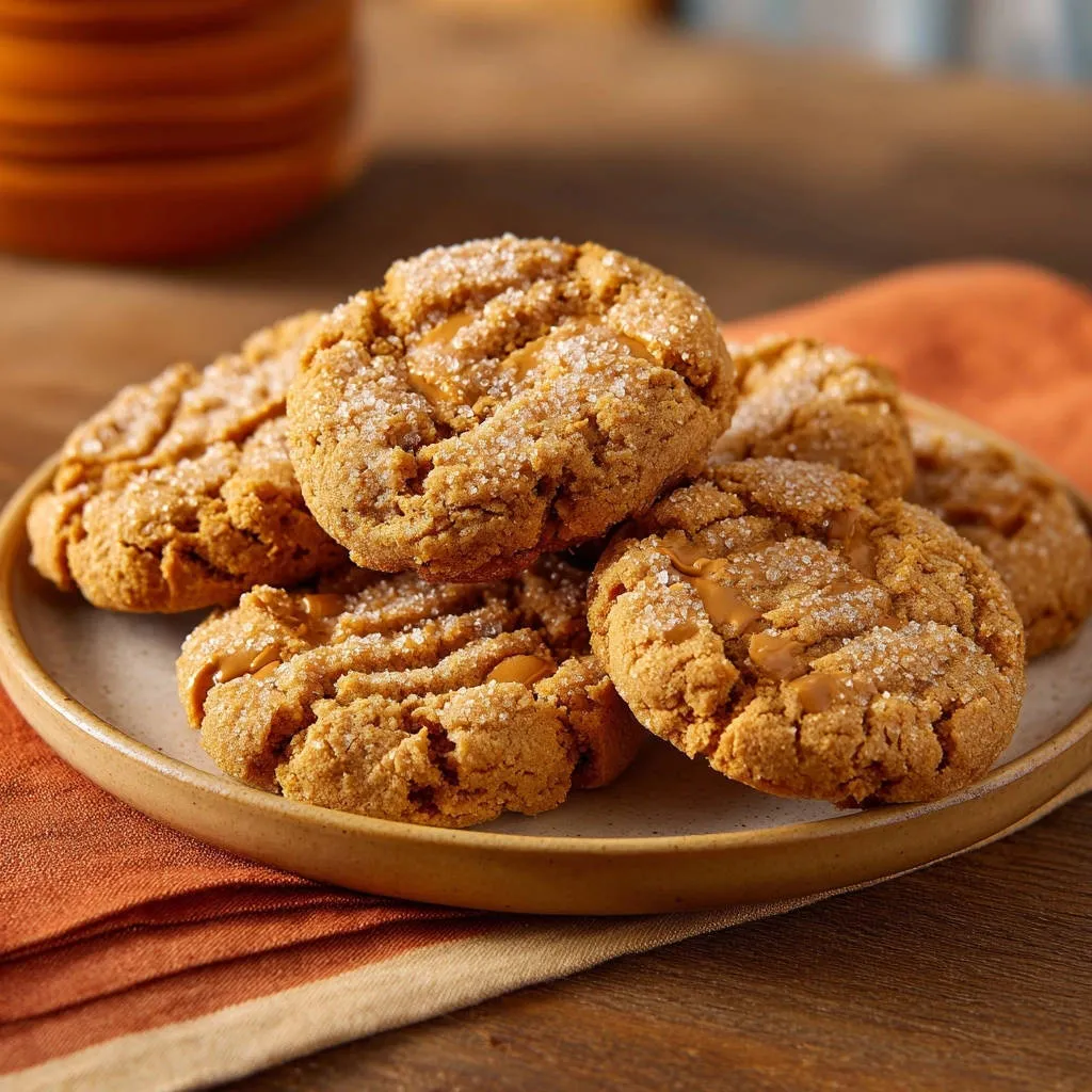 Chewy tahini sesame cookies are shown close-up, dusted with sugar crystals and drizzled with caramel.