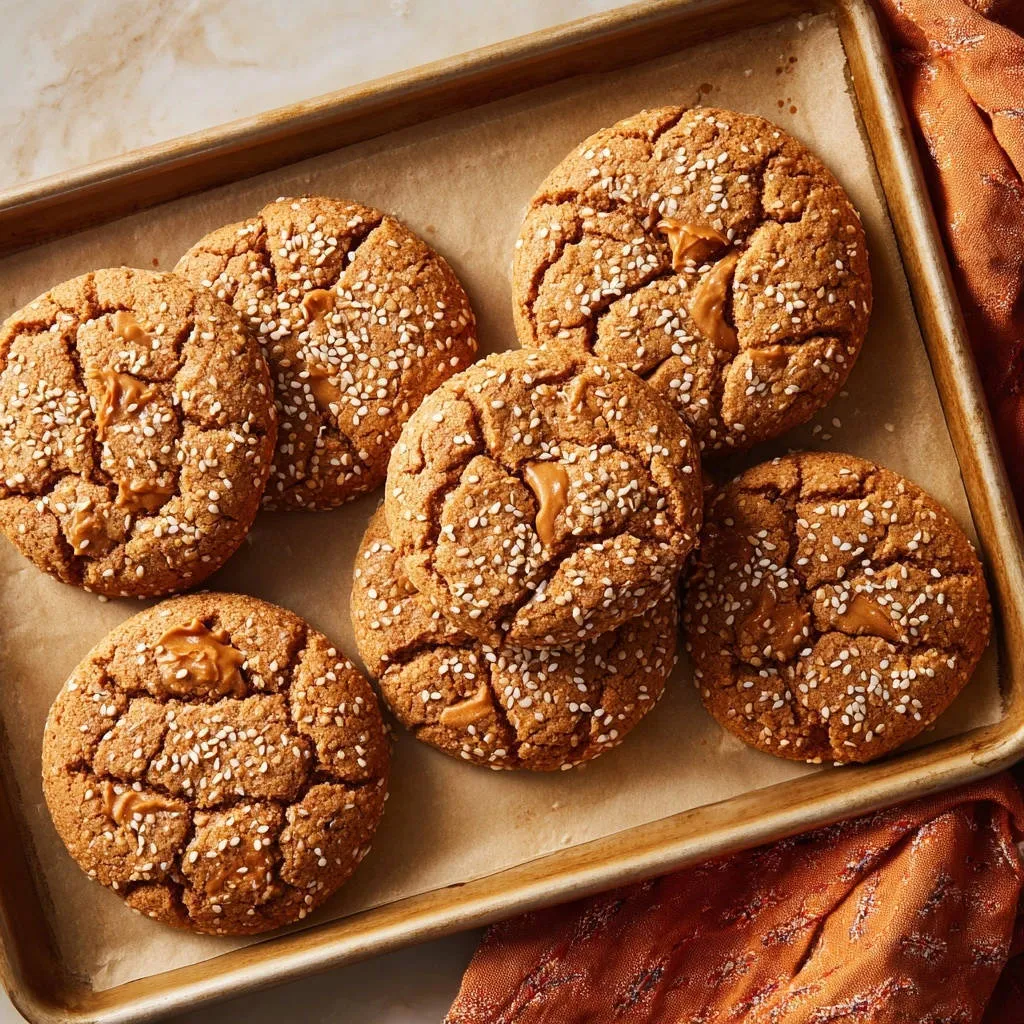 Chewy tahini sesame cookies guaranteed no-spread perfection shown on a baking tray from a top-down perspective.