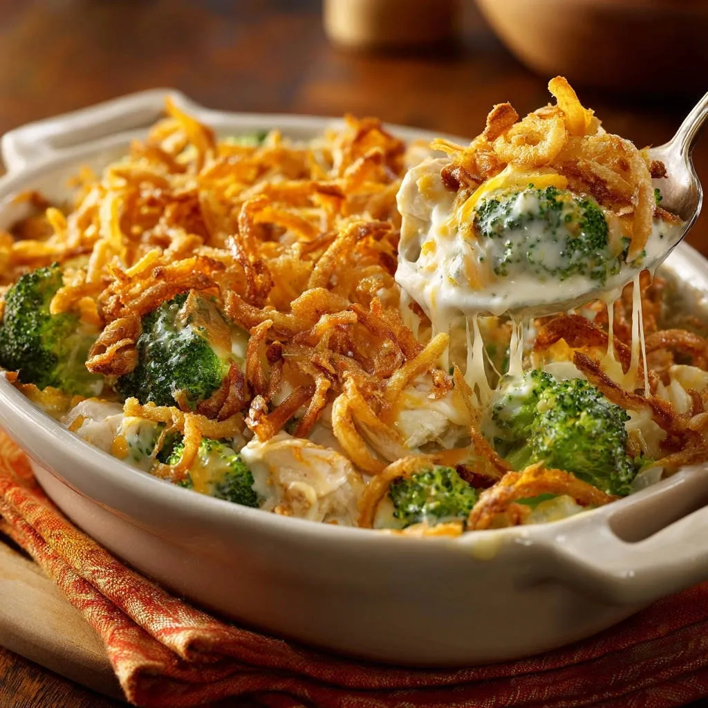 Ultimate Chicken and Broccoli Casserole being scooped with a spoon, showing gooey cheese and crispy fried onions.