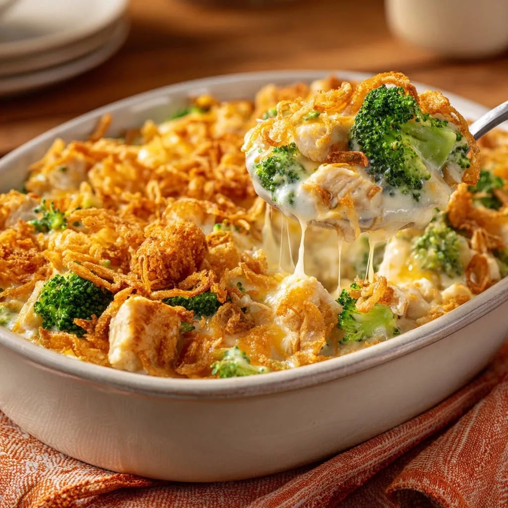 Ultimate Chicken and Broccoli Casserole being scooped with a spoonful showing gooey cheese and crispy topping.