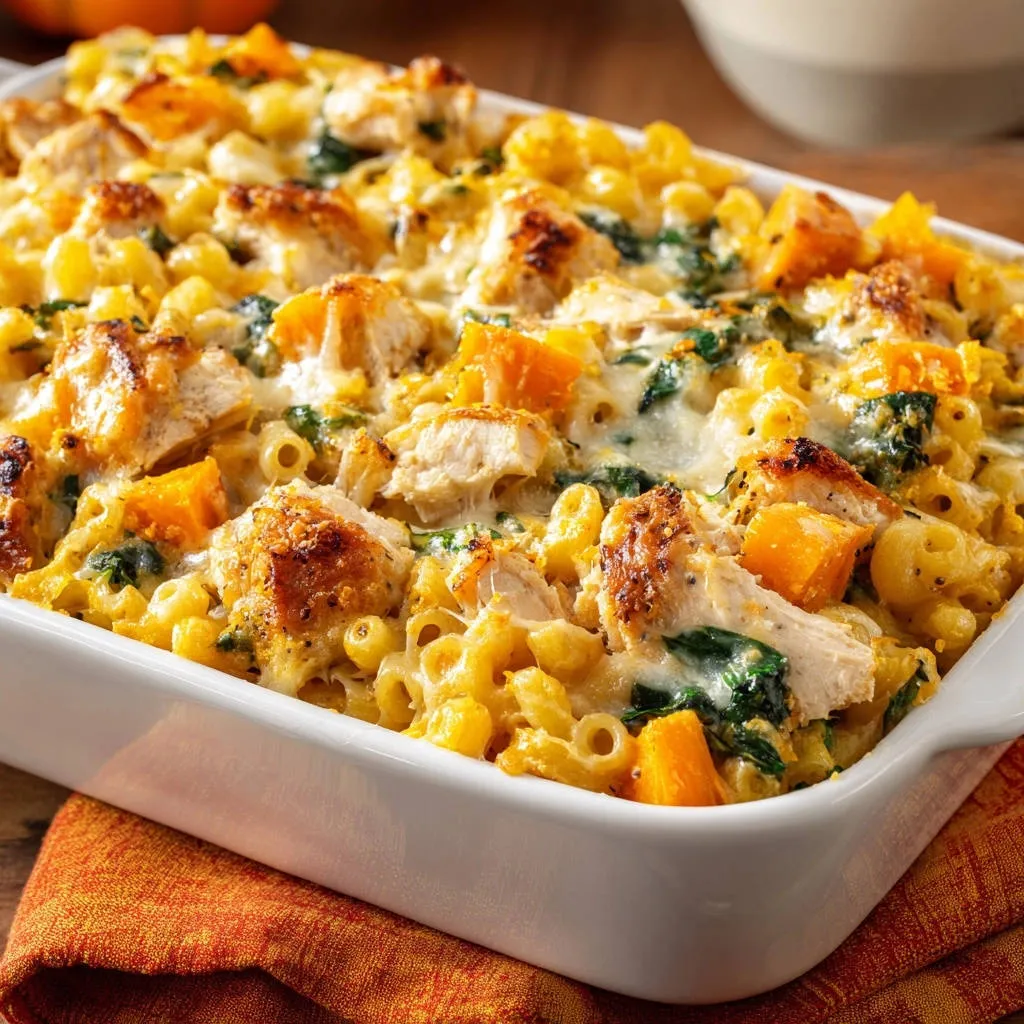 Chicken and butternut squash baked pasta dish shown in a close-up view, highlighting the creamy texture and ingredients.