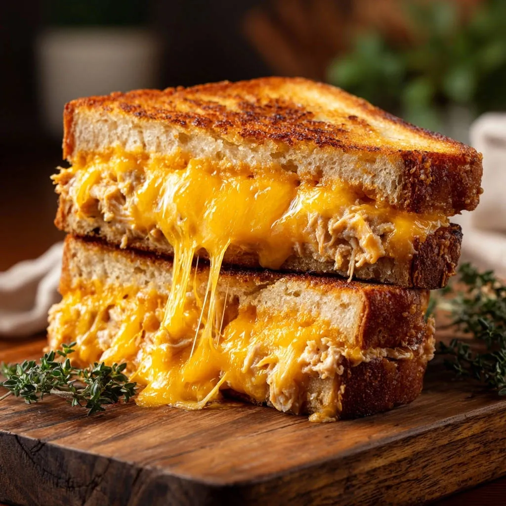 Crispy chicken & cheddar melt shown in a gooey cross-section with melted cheese oozing out.