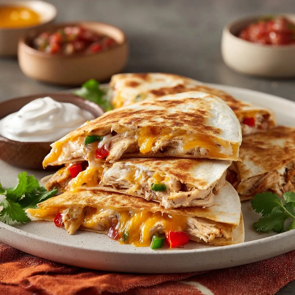 Golden chicken and cheese quesadillas stacked to show a cheesy cross-section with visible peppers and sour cream.