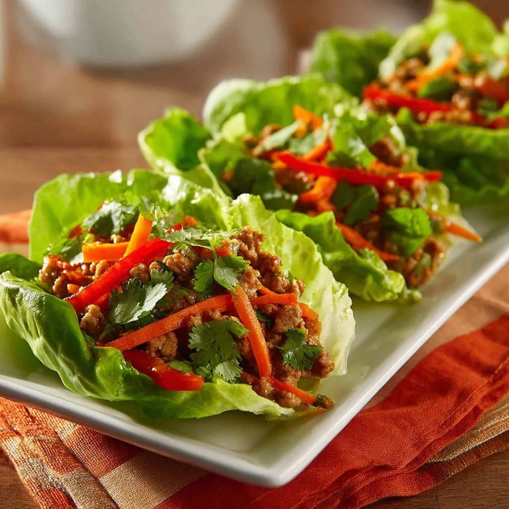 Easy chicken lettuce wraps served on a white platter, showcasing the filling and fresh garnishes from a side angle.