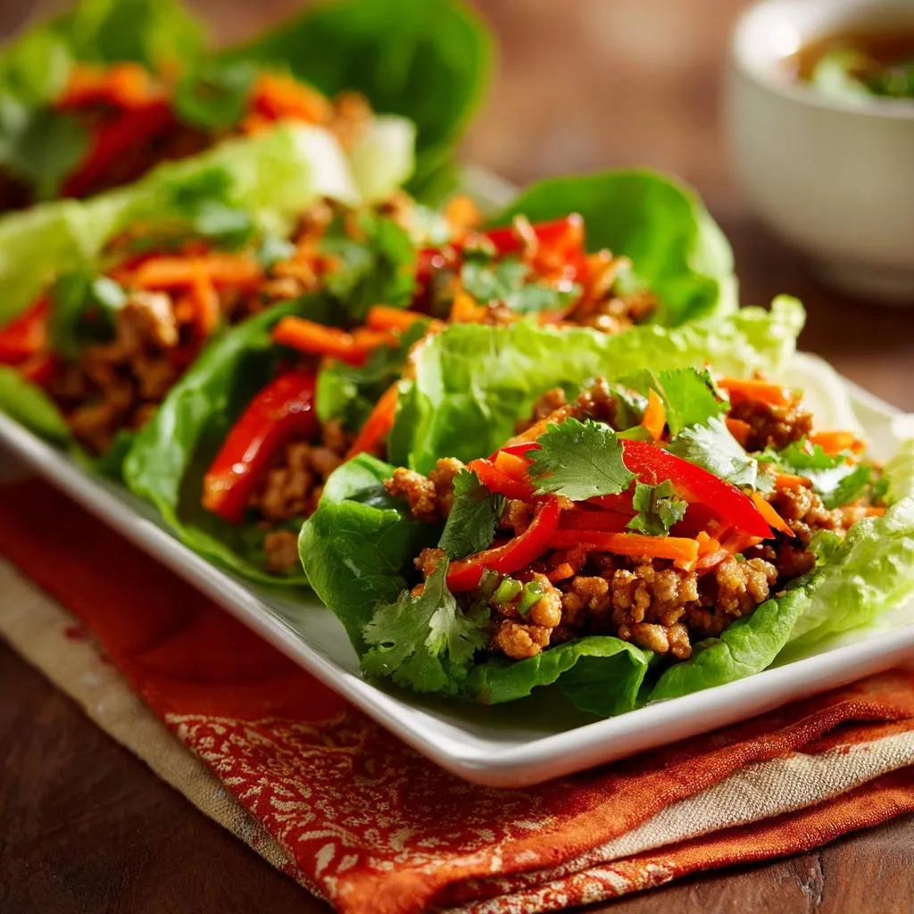 Easy chicken lettuce wraps served on a white plate with a side view showing the filling and fresh cilantro garnish.