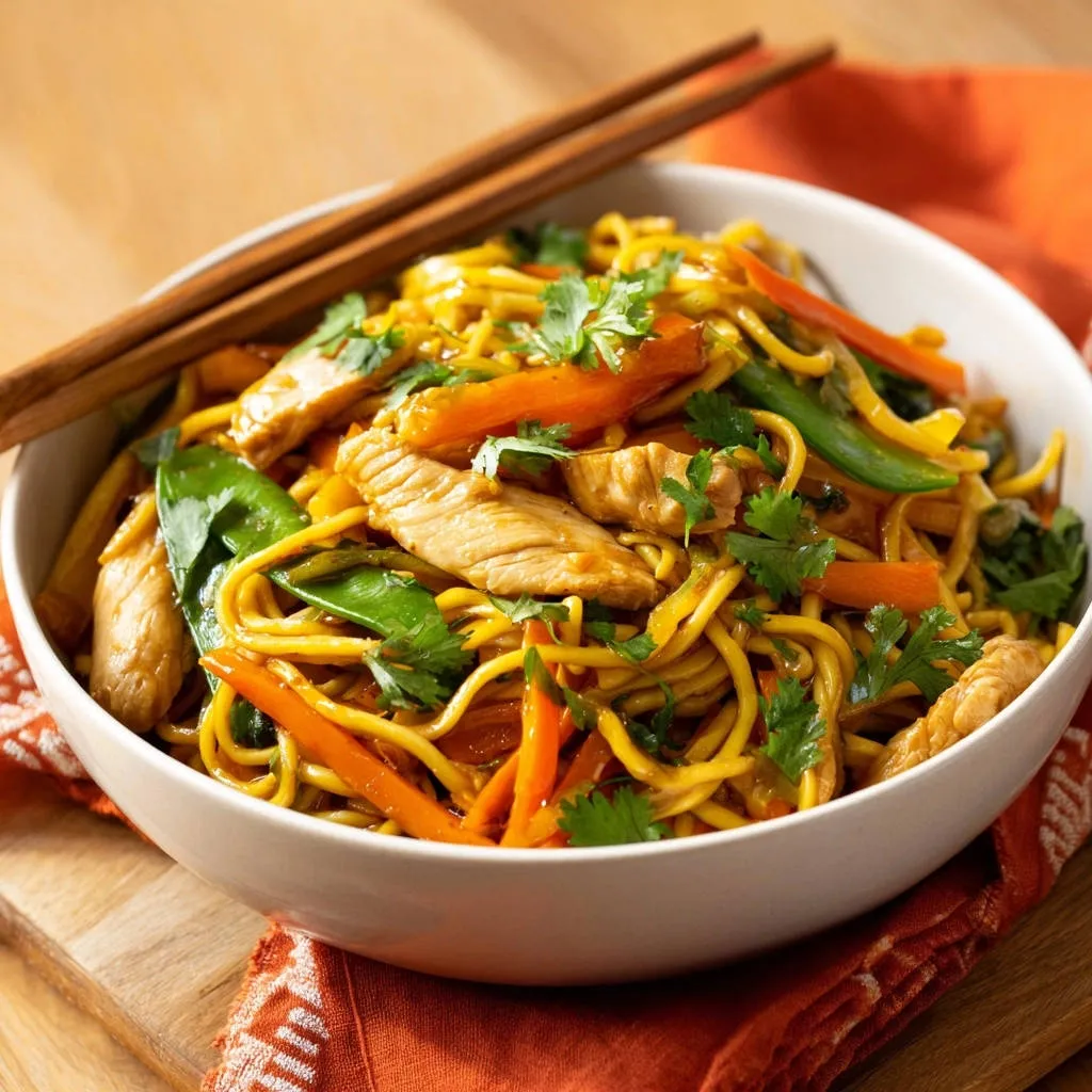 Restaurant-style chicken lo mein served in a white bowl with chopsticks resting on top, showcasing noodles, chicken, and vegetables.
