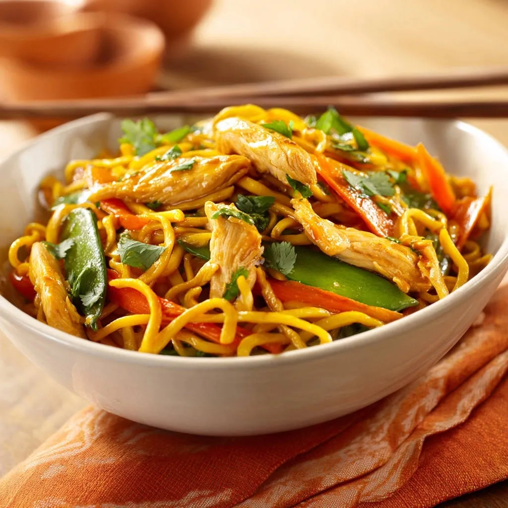 Restaurant-style chicken lo mein served in a white bowl, featuring tender chicken and vibrant vegetables with noodles.