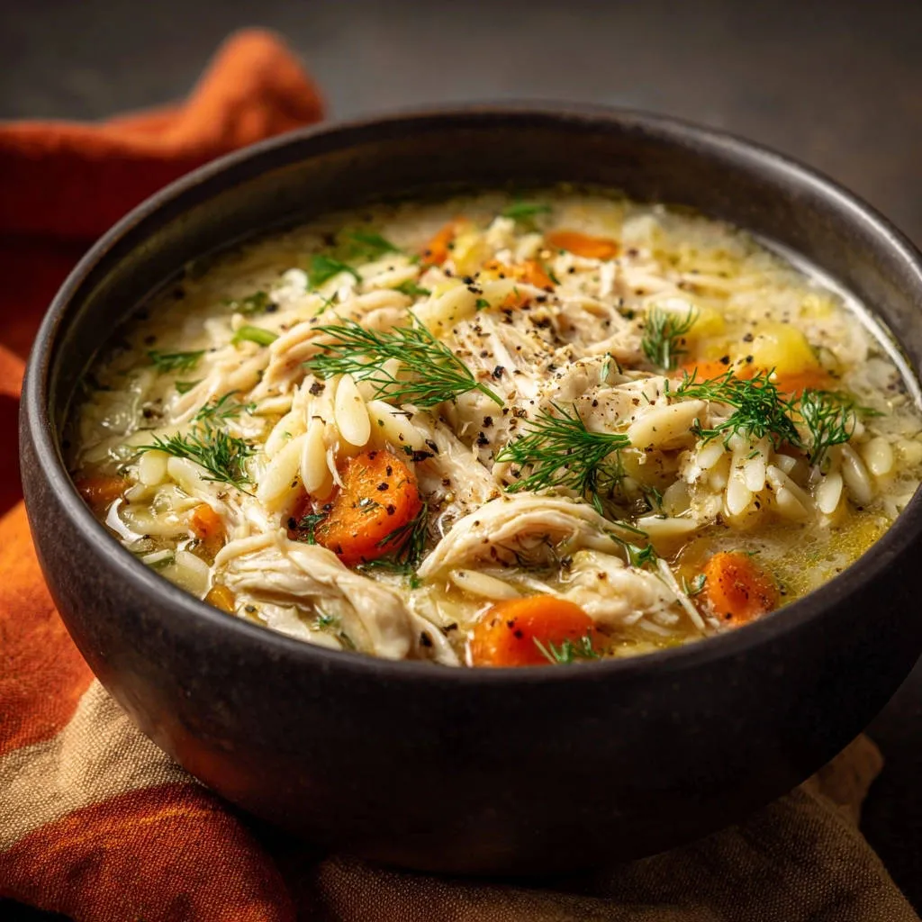 Classic Chicken Orzo Soup with shredded chicken, orzo pasta, carrots, and a fresh dill garnish in a dark bowl.