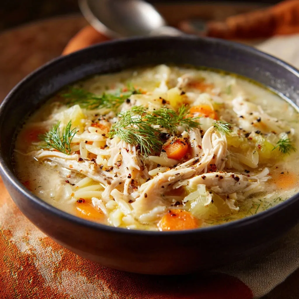 Classic Chicken Orzo Soup with a garnish of fresh dill and cracked black pepper.