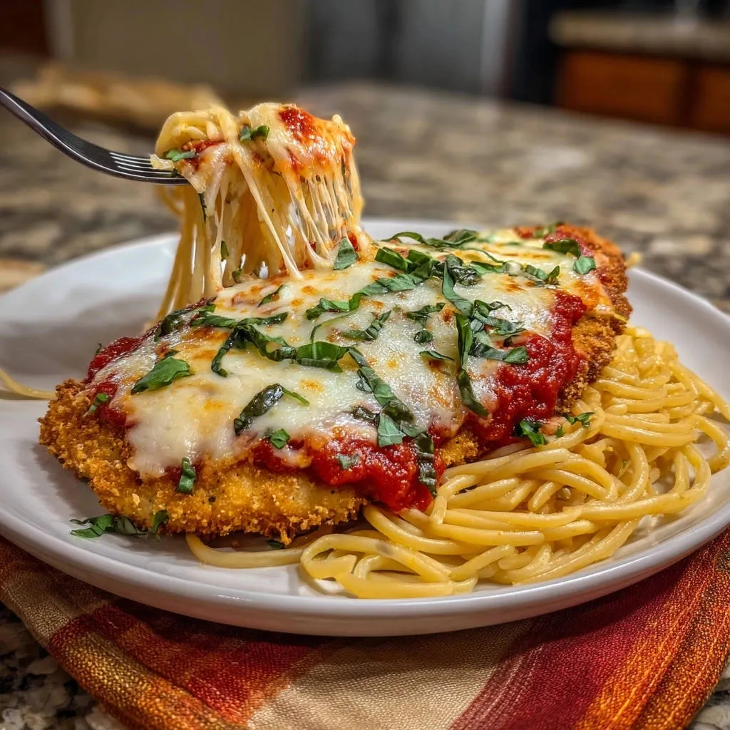 Crispy chicken parmesan with spaghetti, featuring a fork lifting cheesy pasta in a dramatic cheese pull.