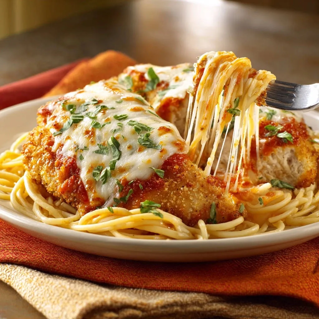 Crispy Chicken Parmesan with Spaghetti, with a fork pulling up cheesy noodles.