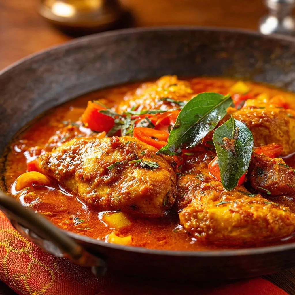 Chicken and pepper curry in a rustic pan, showcasing tender pieces in a rich, spiced sauce with fresh curry leaves.