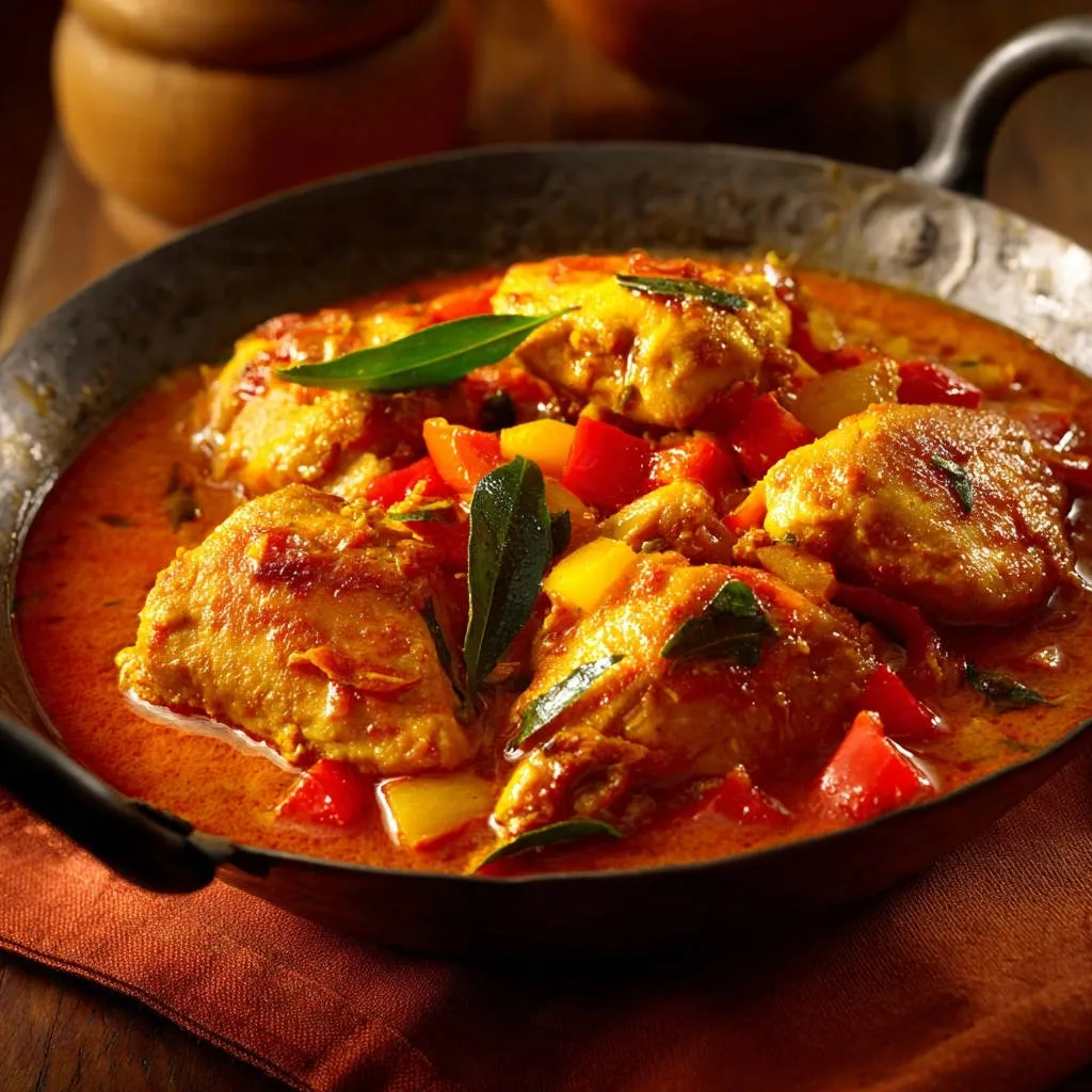 Chicken and pepper curry with vibrant spices, served in a rustic wok with fresh curry leaves.
