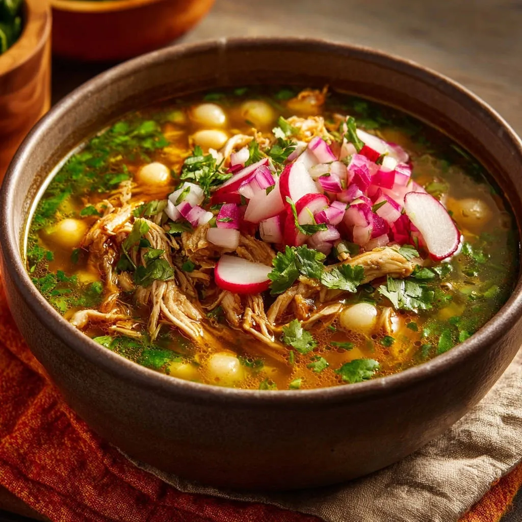 Savory Chicken Pozole with a vibrant close-up of shredded chicken and fresh radish and cilantro garnish.