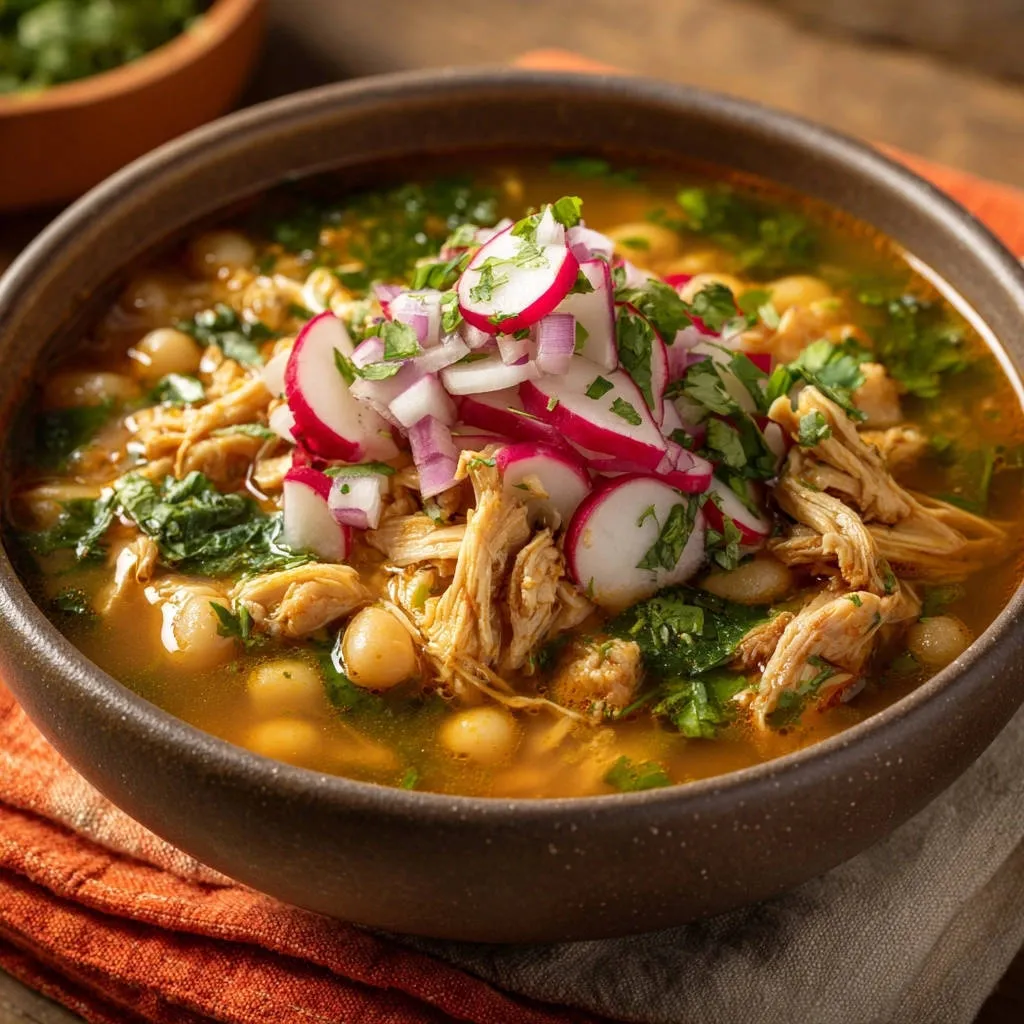 Savory chicken pozole in a bowl, generously garnished with sliced radishes, red onion, and cilantro.