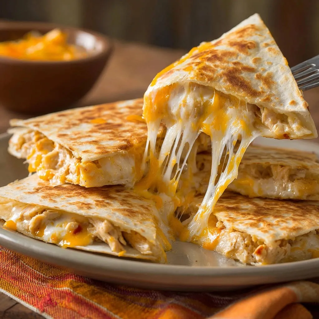 Ultimate chicken quesadillas with a fork pulling a piece showing the stringy cheese pull and shredded chicken filling.