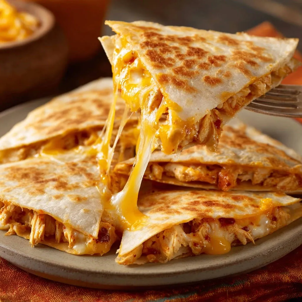 Ultimate Chicken Quesadillas showing a cross-section with a cheesy pull, highlighting the melted cheese filling.