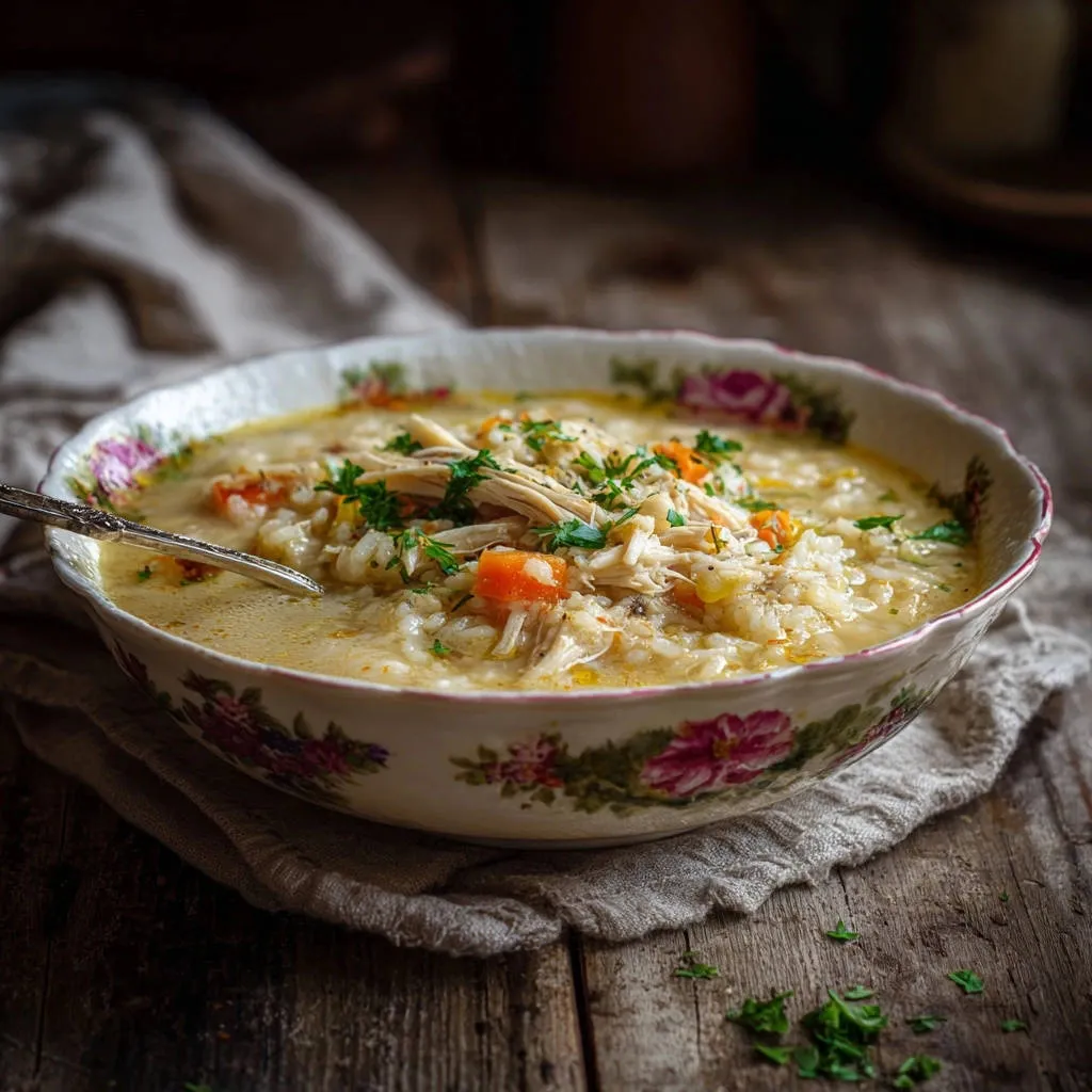 Hearty chicken and rice soup in a floral bowl with a spoon, garnished with parsley and showing visible carrots.