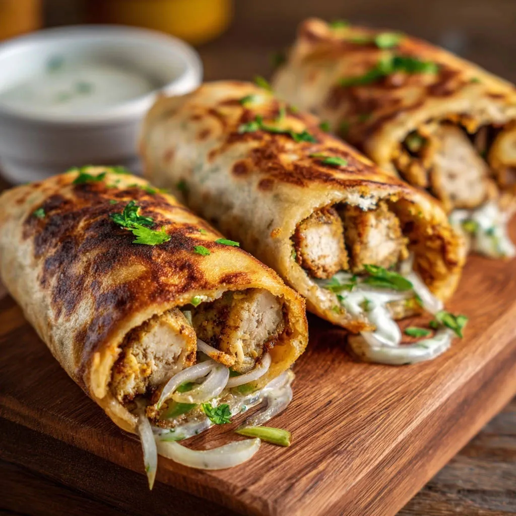 Restaurant-style chicken rolls with visible filling and sauce, presented in a cross-section on a wooden board.