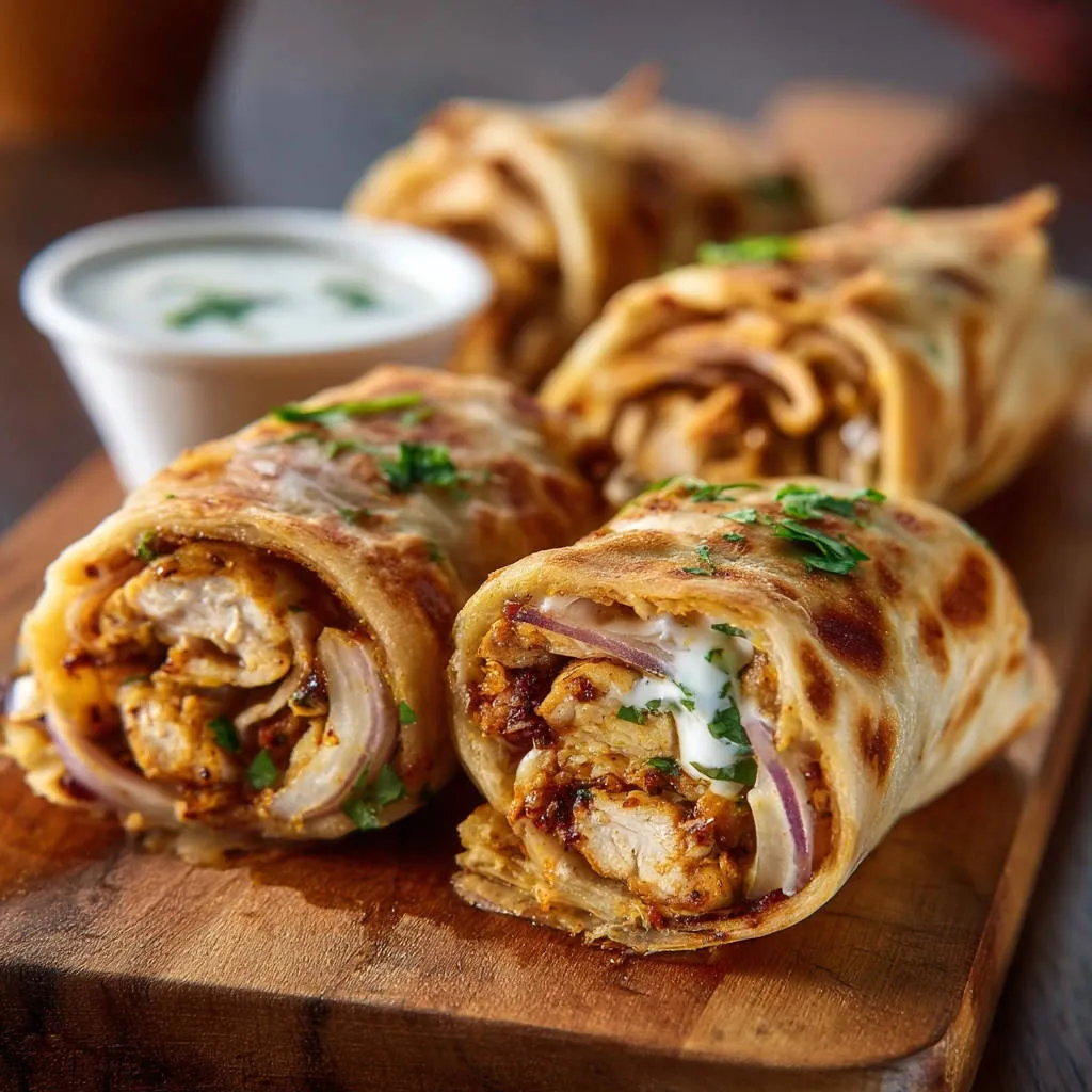 Restaurant-style chicken rolls shown in a close-up cross-section with a side of dipping sauce.