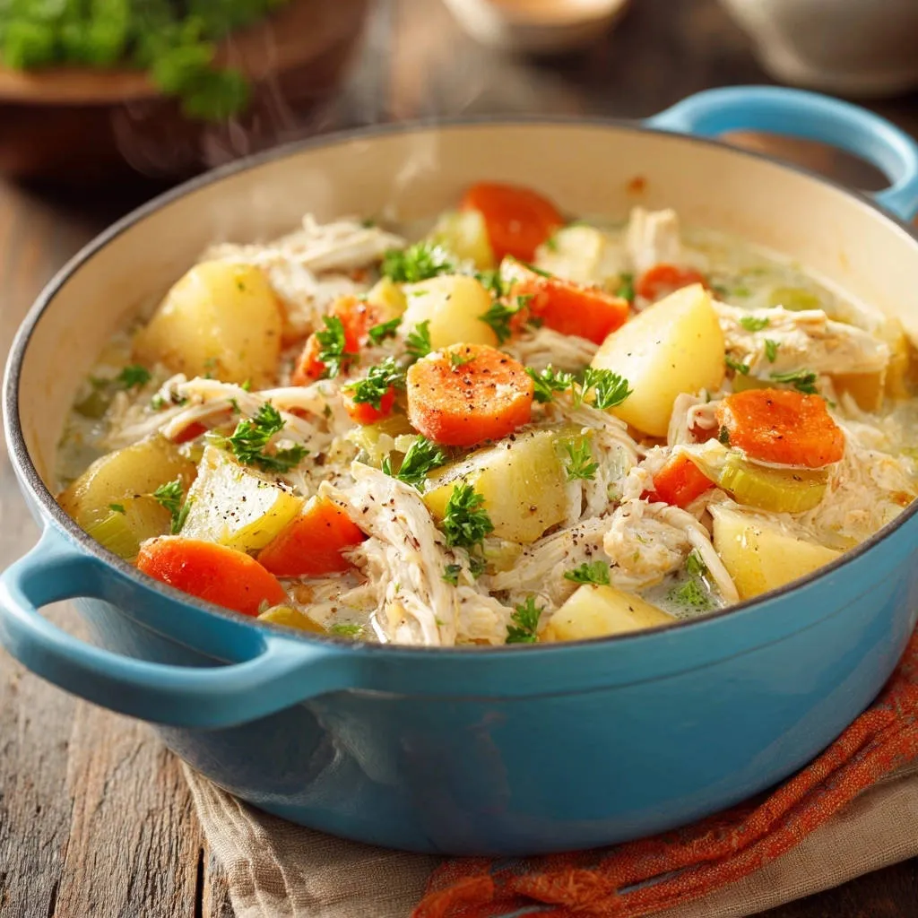 Hearty chicken & veggie stew steaming in a blue Dutch oven, showcasing tender chicken, potatoes, and carrots.