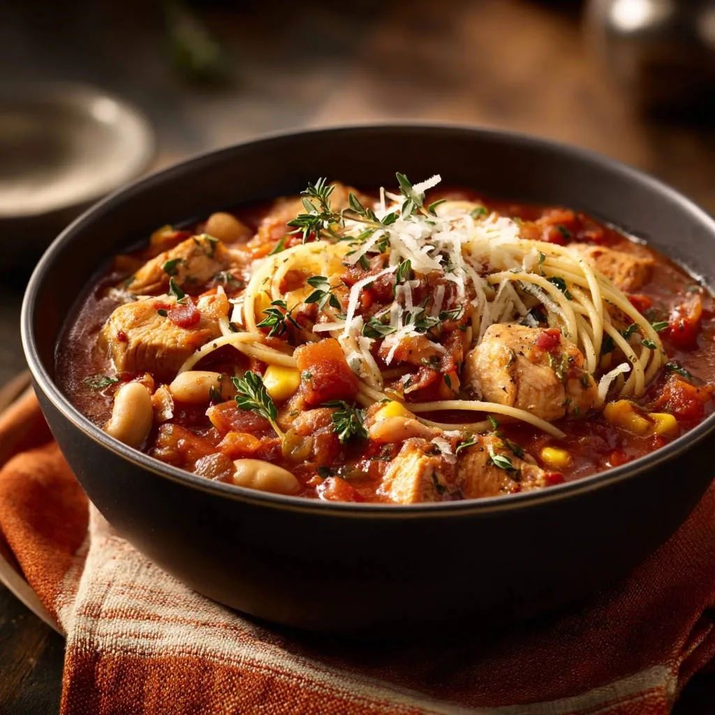 Hearty chicken and white bean stew with spaghetti, topped with grated cheese and fresh thyme sprigs.
