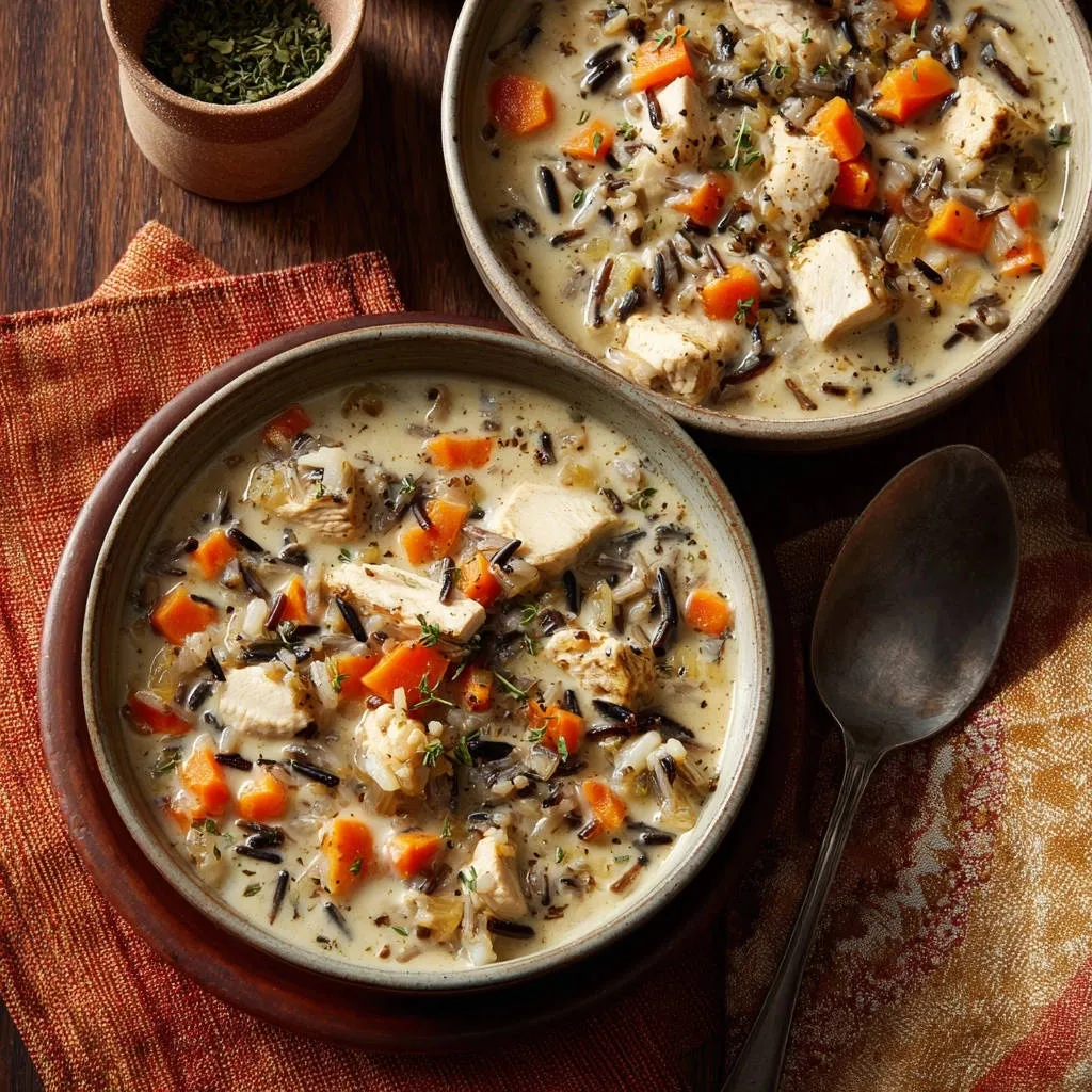 Hearty chicken and wild rice soup served in two rustic bowls, showcasing chunks of chicken, carrots, and wild rice.