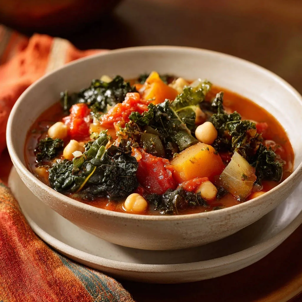 Rustic chickpea, kale, and potato stew served in a bowl, showcasing tender kale and chunky vegetables.