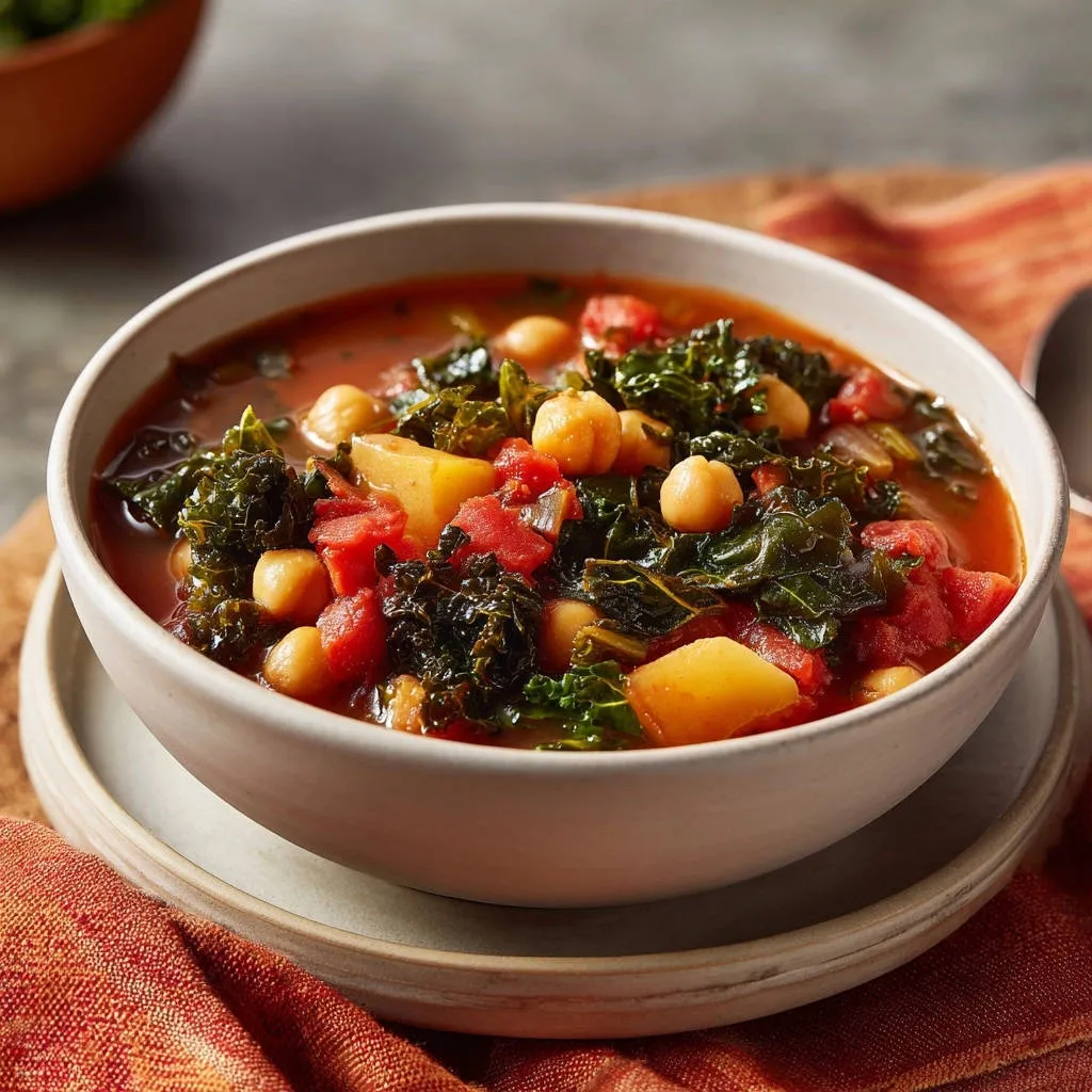 Rustic chickpea, kale, and potato stew shown in a close-up view of a white bowl.