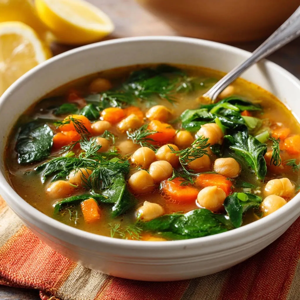 Vibrant chickpea & veggie soup served in a white bowl, garnished with fresh dill and featuring chickpeas, carrots, and spinach.