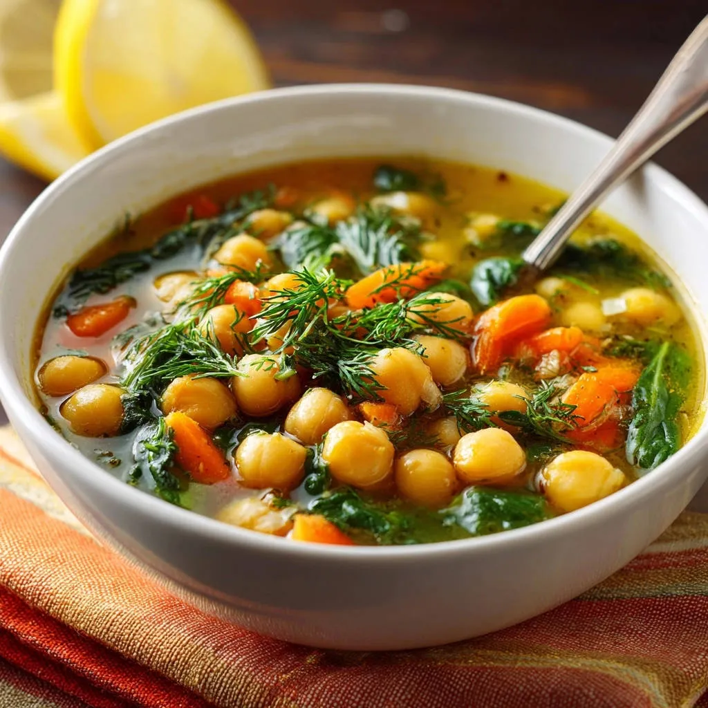 Vibrant chickpea & veggie soup served in a white bowl, generously garnished with fresh dill.