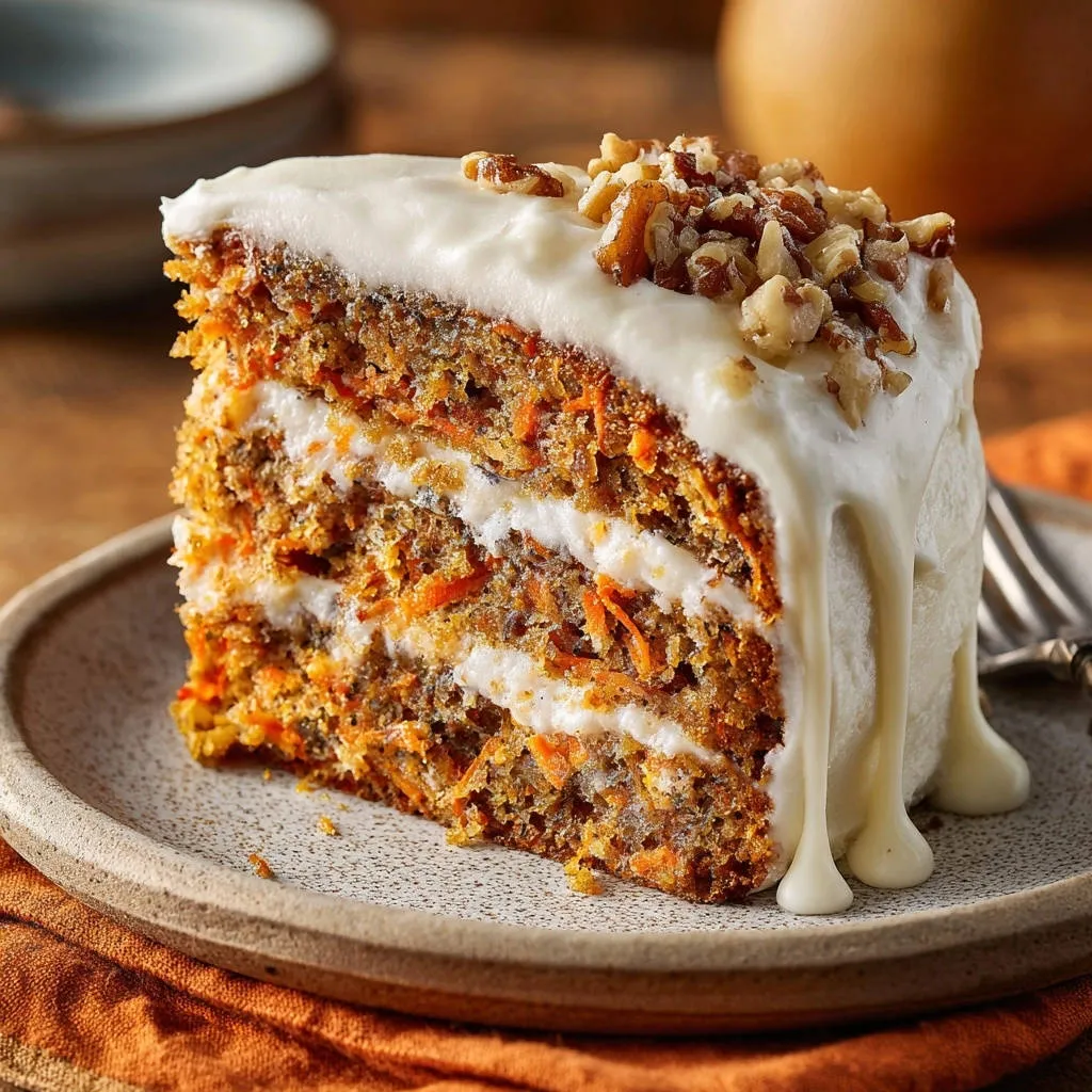 Classic carrot cake cross-section showing moist layers with cream cheese frosting and chopped walnuts on top.