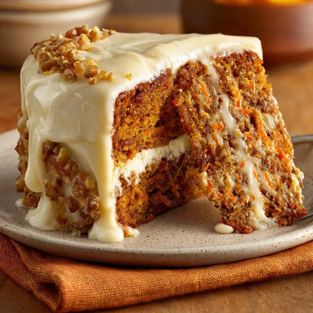 Classic carrot cake, a moist slice with cream cheese frosting and walnuts, showing generous frosting drips.