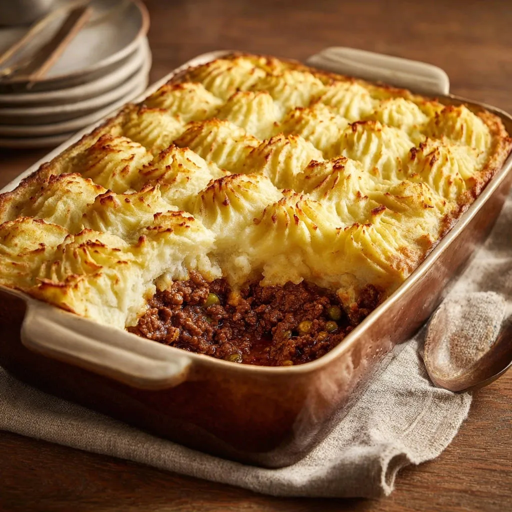 Classic cottage pie with a golden mashed potato topping, showing a rich meat and pea filling inside.