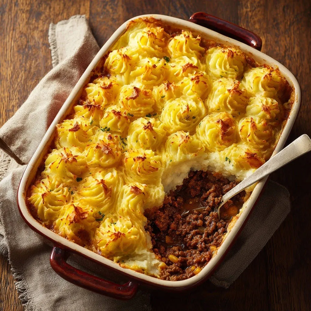 Classic cottage pie with a spoon revealing a cross-section of the rich meat filling and fluffy mashed potato topping.