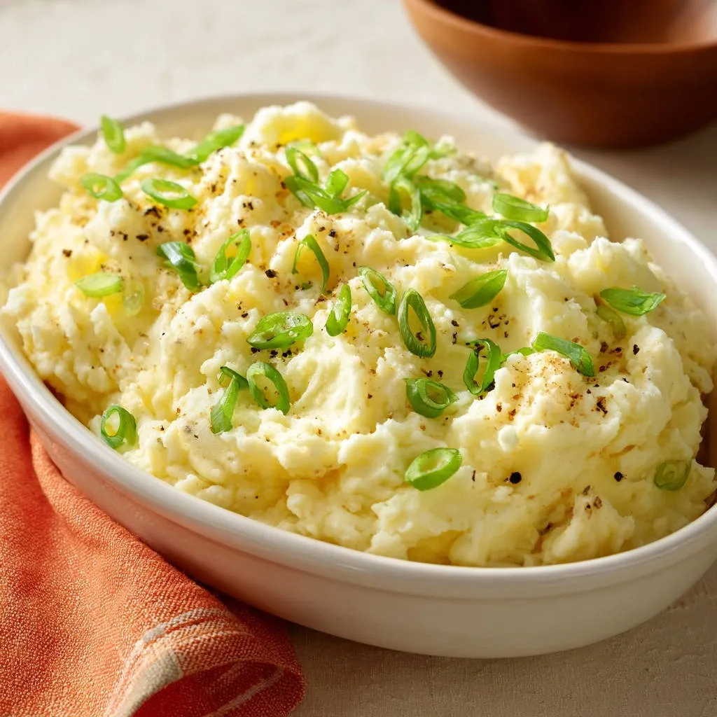 Classic creamy mashed potatoes garnished with chopped green onions and black pepper in a white serving dish.
