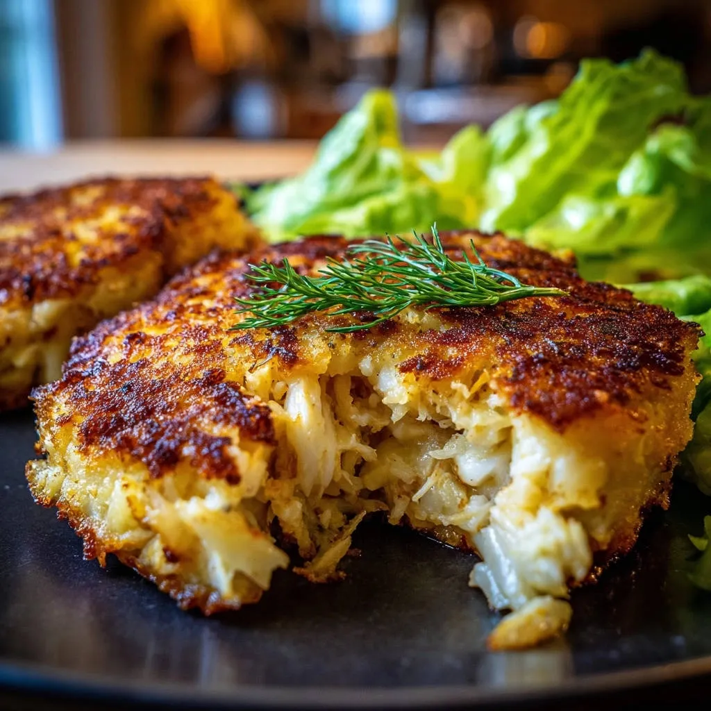Classic lump crab cakes with a cross-section revealing the interior, garnished with fresh dill and served with lettuce.