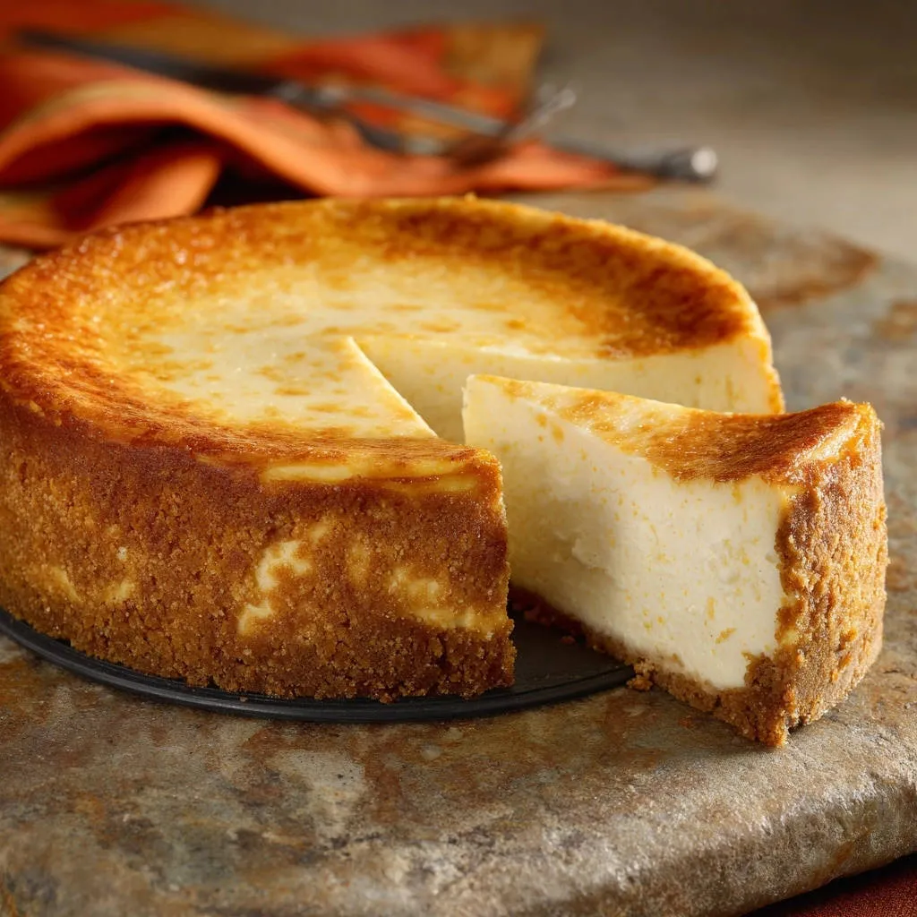 Classic New York Cheesecake showing a side view with a slice cut out, revealing its creamy interior and graham cracker crust.