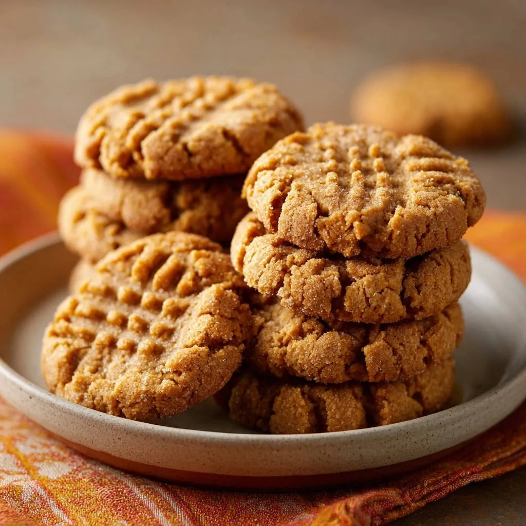 Classic peanut butter cookies, thick and chewy, stacked on a plate with a textured pattern.