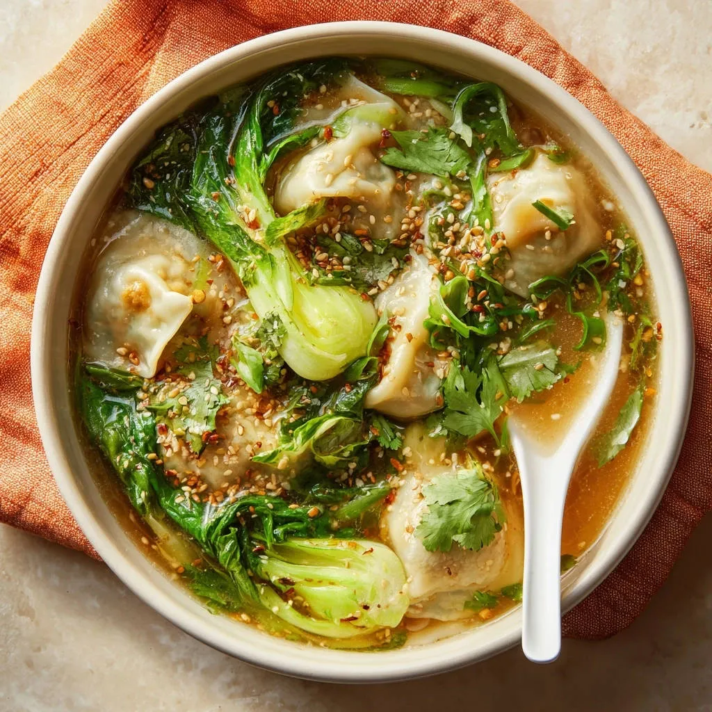 Classic wonton soup with bok choy and cilantro shown in an overhead bowl detail with sesame seeds.