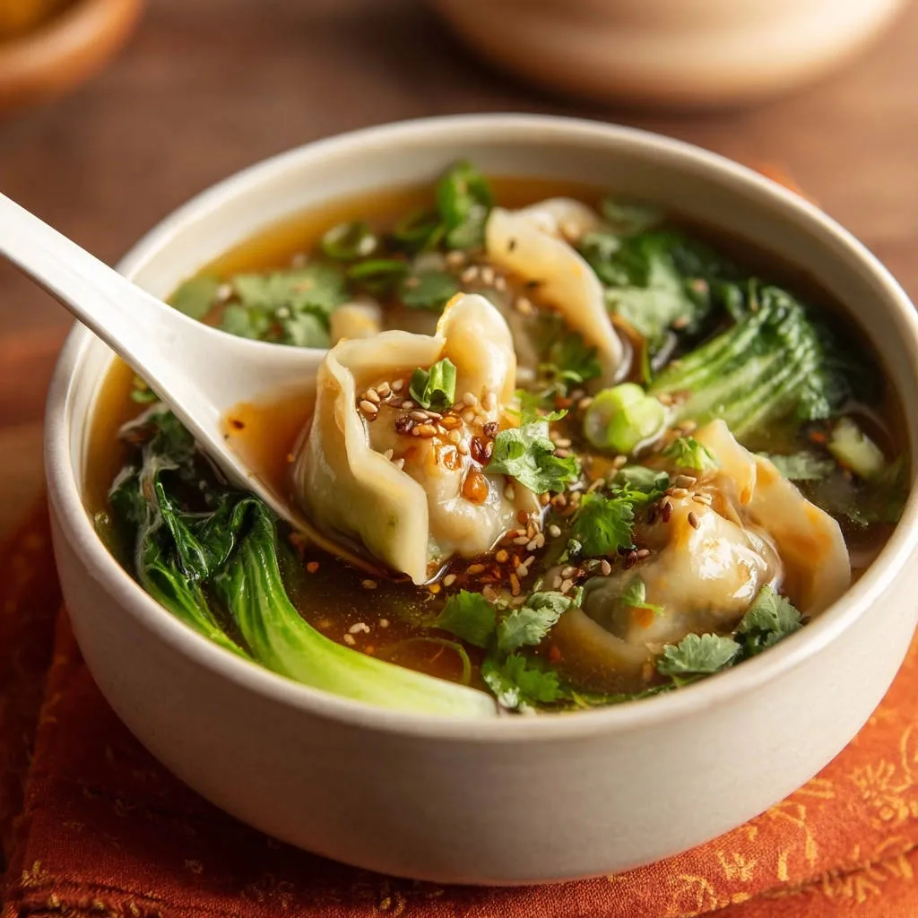 Classic wonton soup with a spoonful of dumplings and bok choy, garnished with sesame seeds and cilantro.