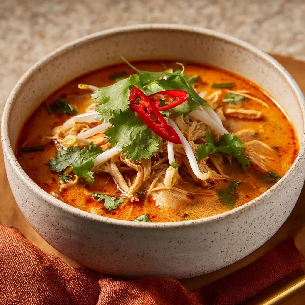 Rich coconut chicken soup shown in a bowl, featuring shredded chicken, bean sprouts, cilantro, and chili garnish.