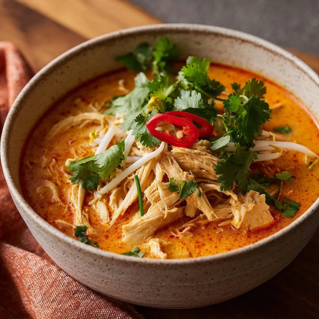 Rich coconut chicken soup presented in a bowl, topped with fresh cilantro and chili slices.