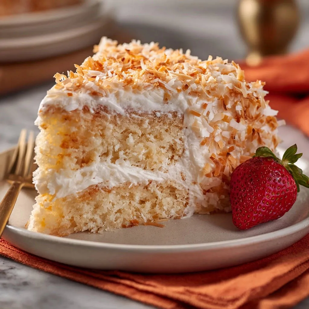 Ultimate Coconut Layer Cake cross-section, showcasing its moist crumb and fluffy frosting, garnished with toasted coconut and a fresh strawberry.