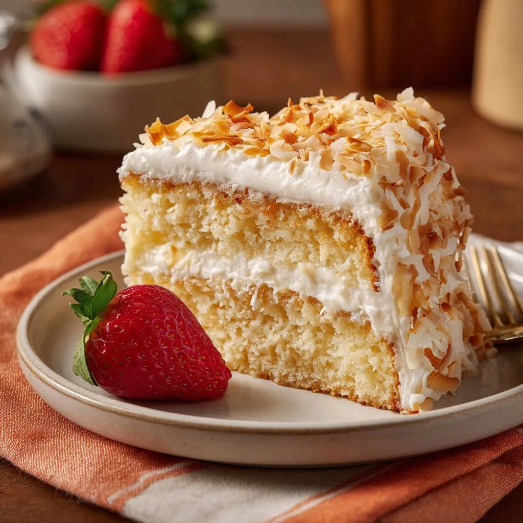 Ultimate Coconut Layer Cake slice showcasing its light, moist crumb and creamy filling.